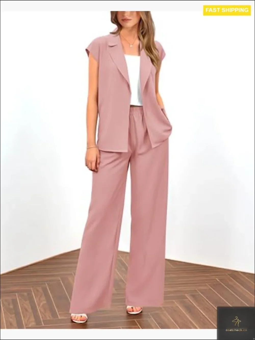 Cap Sleeve V Neck Blazer Vest Wide Leg Pant Set 2 Piece Business Work Outfit